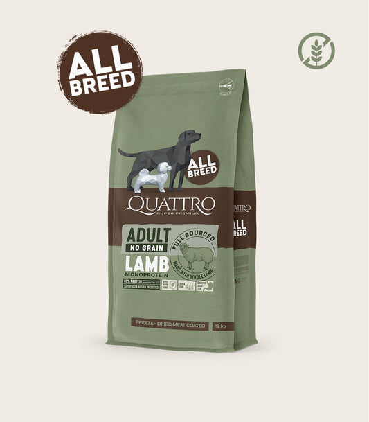 Quattro begrūdis visų veislių suaugusių šunų pašaras su ėriena monoproteinas