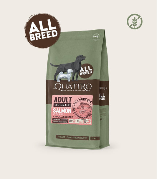 Quattro begrūdis visų veislių suaugusių šunų pašaras su lašiša ir kriliu