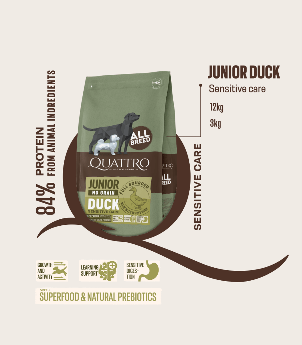 QUATTRO begrūdis visų veislių jaunų šunų pašaras su antiena