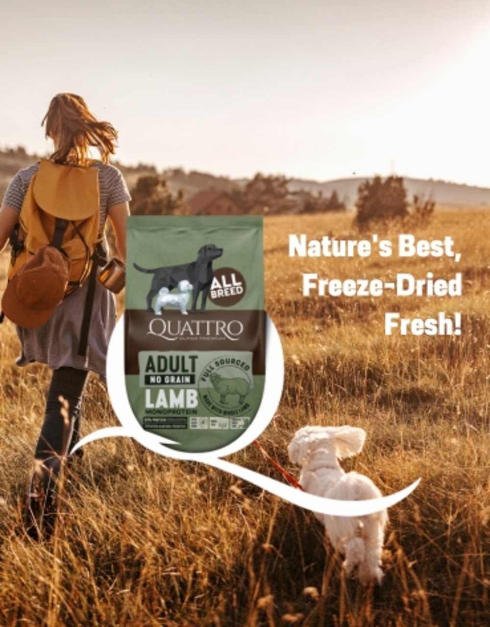 Quattro begrūdis visų veislių suaugusių šunų pašaras su ėriena monoproteinas