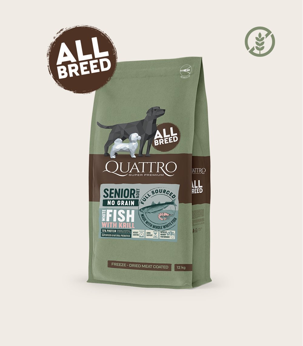 Quattro begrūdis visų veislių senjorų/dietinis šunų pašaras su balta žuvimi ir kriliu