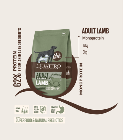 Quattro begrūdis visų veislių suaugusių šunų pašaras su ėriena monoproteinas