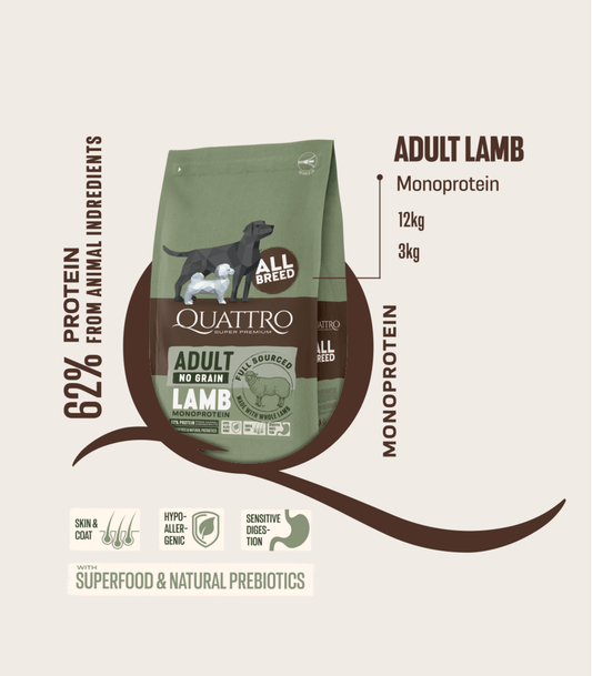 Quattro begrūdis visų veislių suaugusių šunų pašaras su ėriena monoproteinas