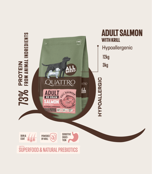 Quattro begrūdis visų veislių suaugusių šunų pašaras su lašiša ir kriliu