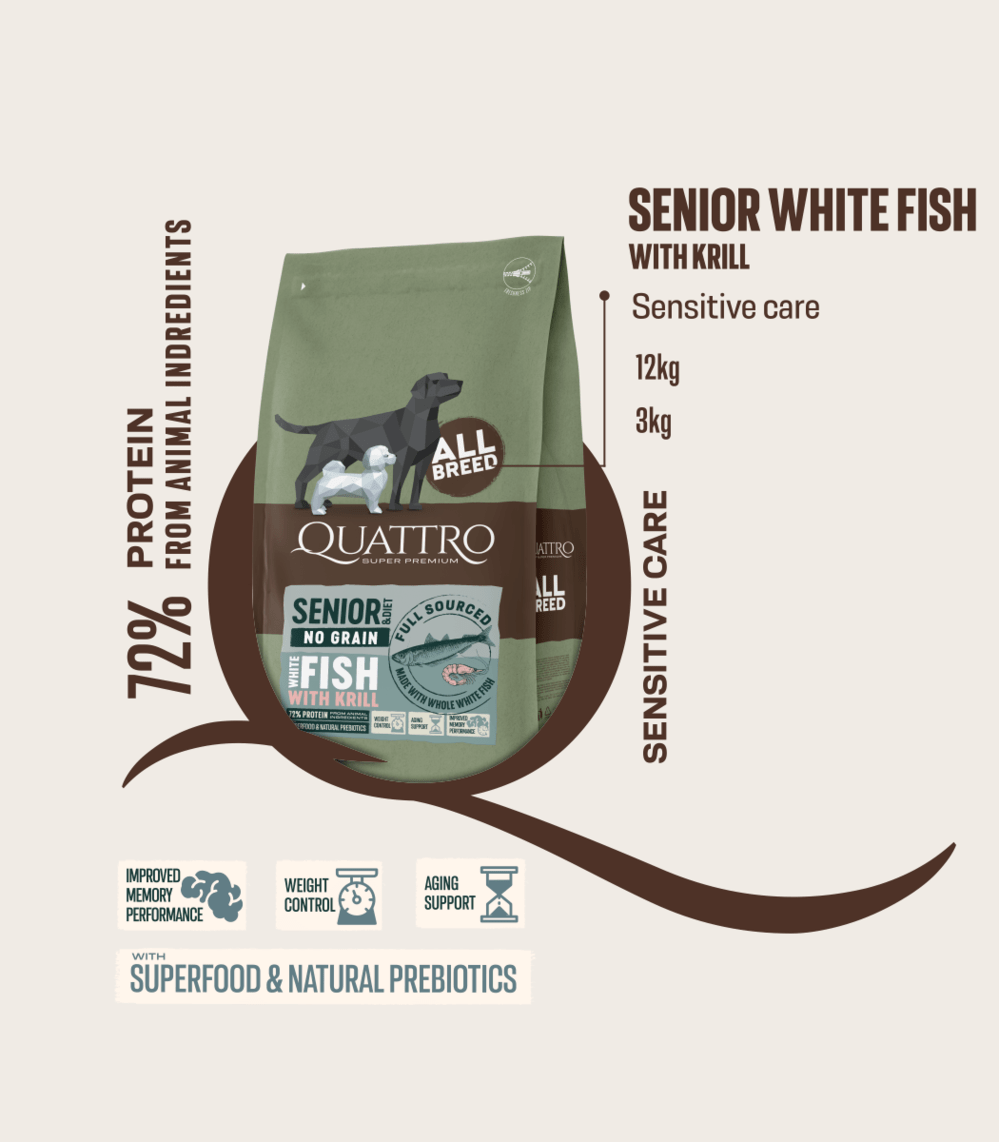 Quattro begrūdis visų veislių senjorų/dietinis šunų pašaras su balta žuvimi ir kriliu