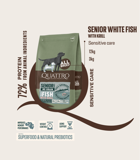 Quattro begrūdis visų veislių senjorų/dietinis šunų pašaras su balta žuvimi ir kriliu